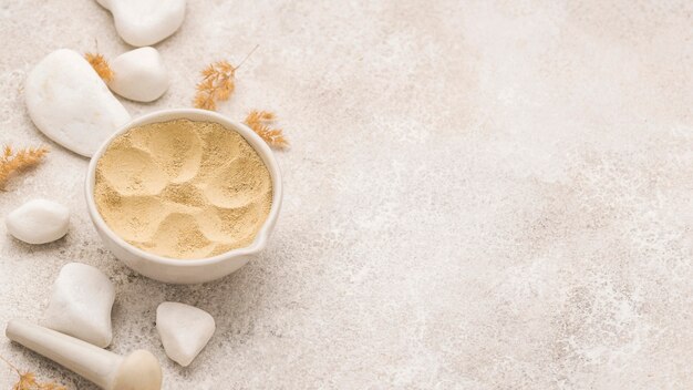 High angle of powder in bowl with copy space