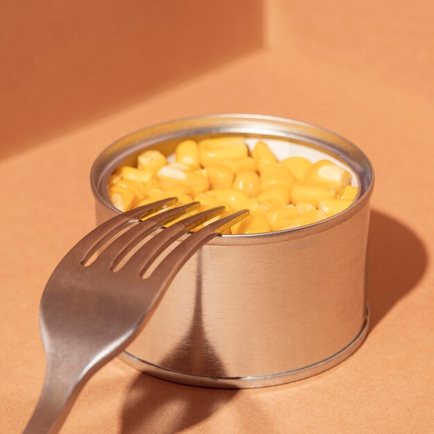 High angle preserved corn in can with fork