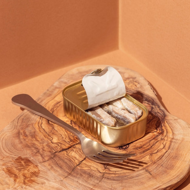 High angle preserved sardines in can with fork