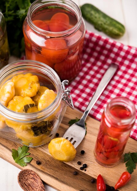 High angle preserved vegetables in jars