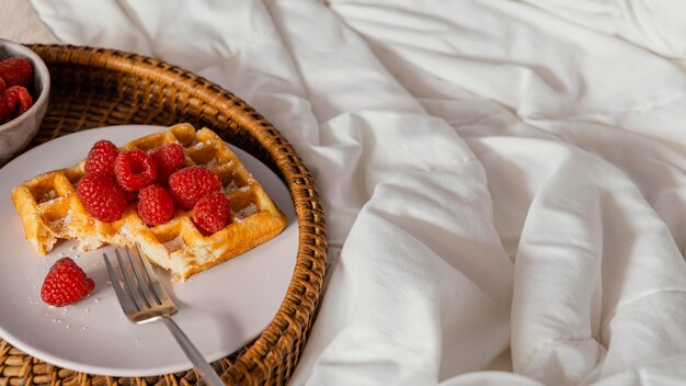 High angle raspberry waffle on plate