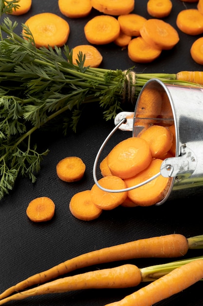 High angle raw carrots arrangement