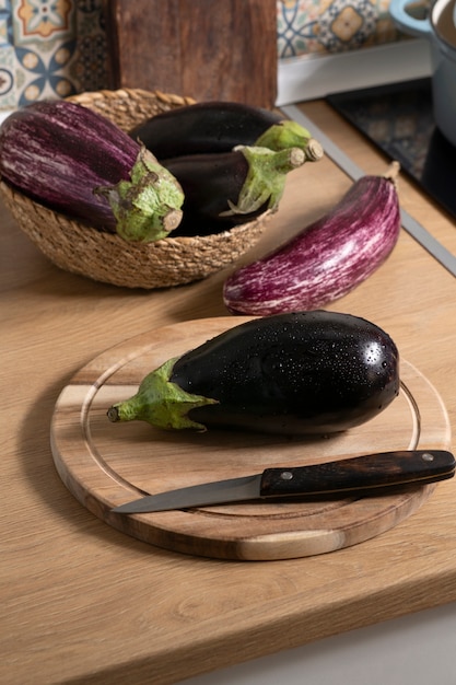 High angle raw eggplants still life