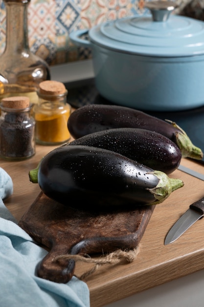 High angle raw eggplants still life