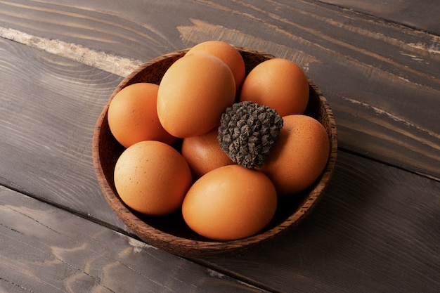 High angle raw eggs and truffle