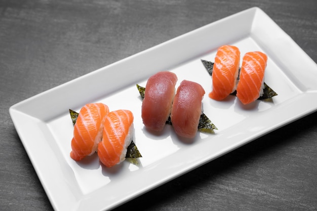 High angle raw fish on plate