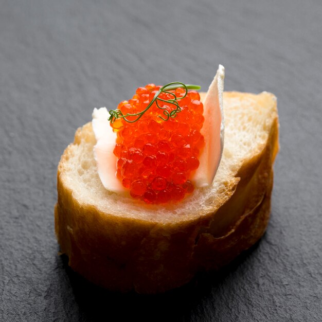 High angle red caviar dish