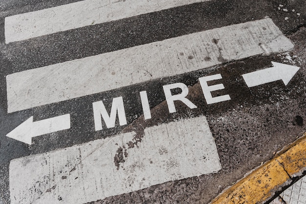 high angle of road sign with crosswalk