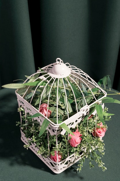 Free photo high angle roses locked in white cage