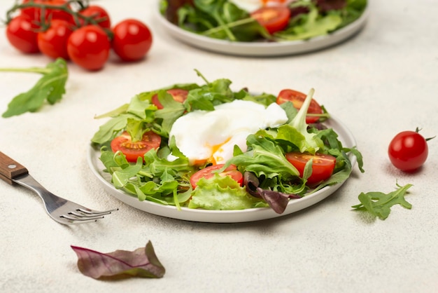High angle salad with tomatoes and fried egg
