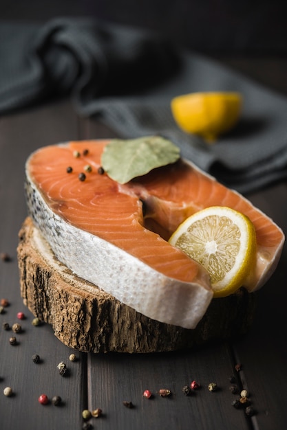 High angle salmon with lemon and spices
