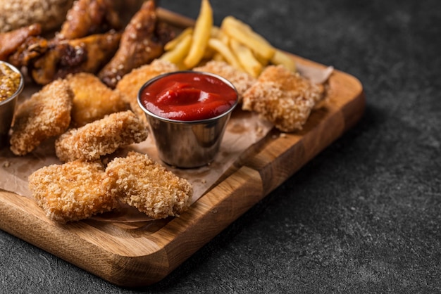 High angle of sauce with french fries and fried chicken