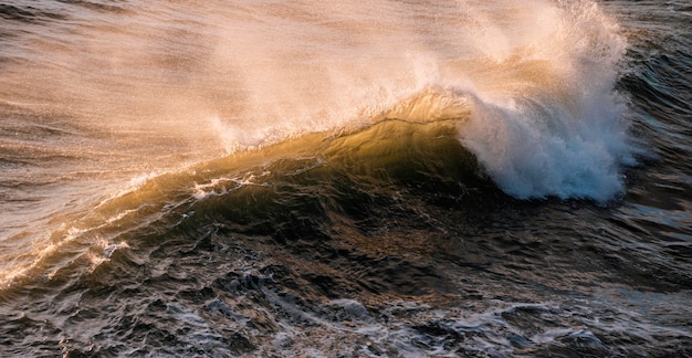 High angle shot of a beautiful big wave in the ocean with a scenery of sunset