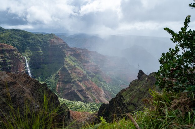 High angle shot of a beautiful landscape with rocky cliffs under a cloudy sky