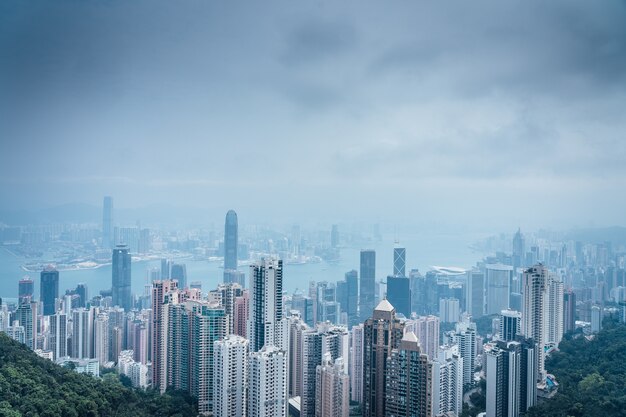 High angle shot of a beautiful scenery of Victoria peak in Hong Kong