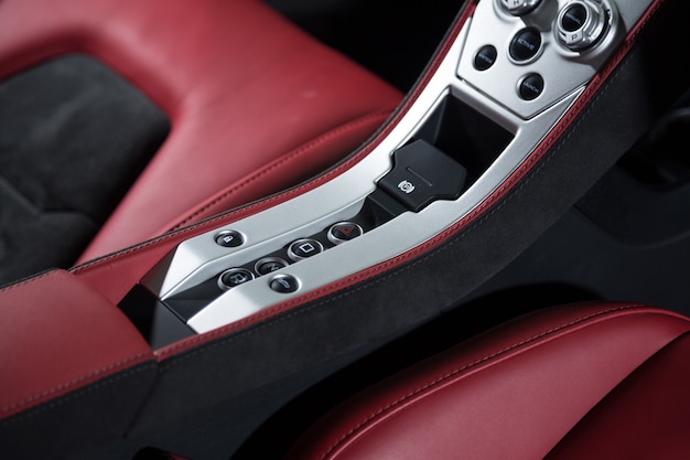 High angle shot of a black and red car's modern interior