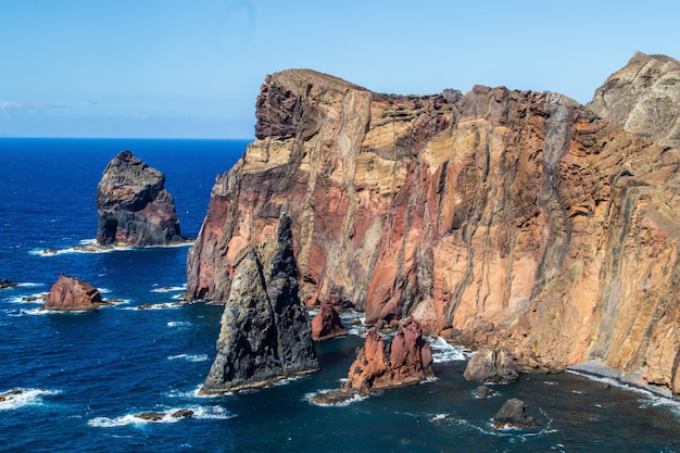 High angle shot of the cliffs on the ocean shore in Ponta de Sao Lourenco, Madeira