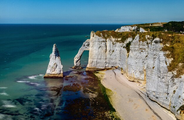 High angle shot of cliffs at the shore of the turquoise ocean