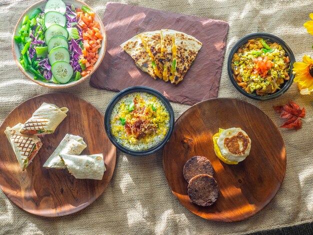 High angle shot of different homemade dishes on a table