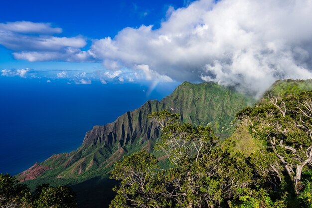 Снимок знаменитой долины Калалау на острове Кауаи, Гавайи, под высоким углом.