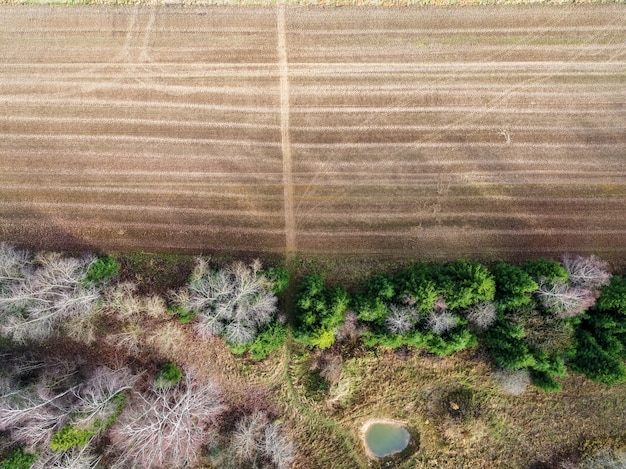 High angle shot of a field with partially gone dry because of changes in weather