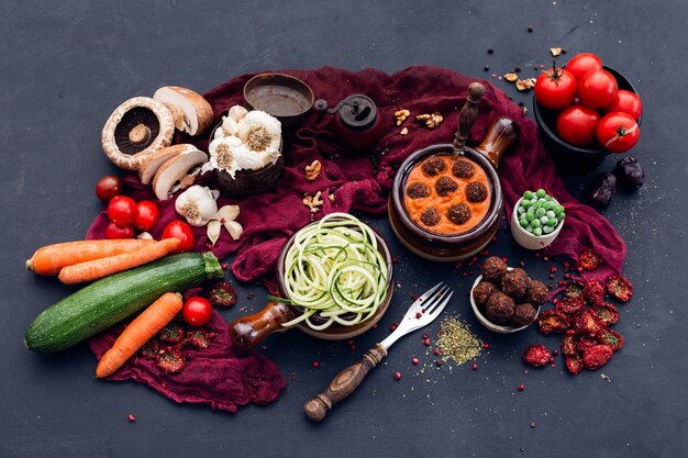 High angle shot of fresh vegetables laid on the table