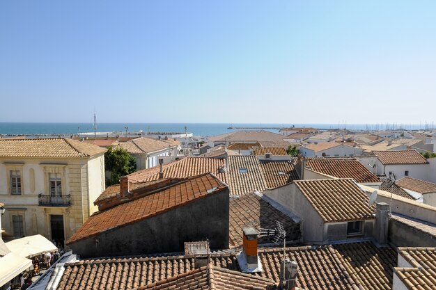 High angle shot of the houses near the ocean captured in Camague, France