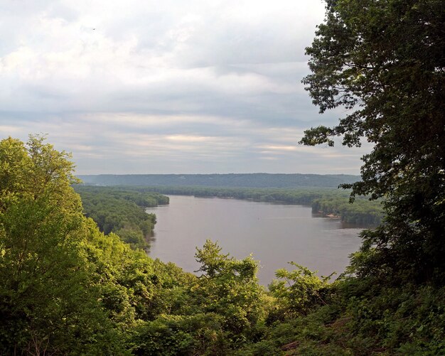 High angle shot of a lake surrounded by beautiful greenery under a cloudy sky