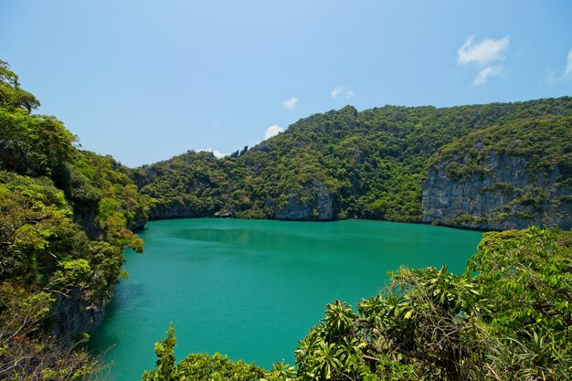 High angle shot of a lake surrounded by tree covered mountains captured in Thailand