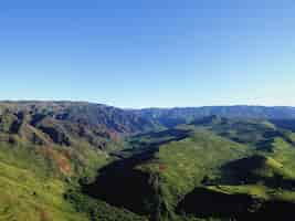 Free photo high angle shot of the magnificent mountains covered with trees under the blue sky