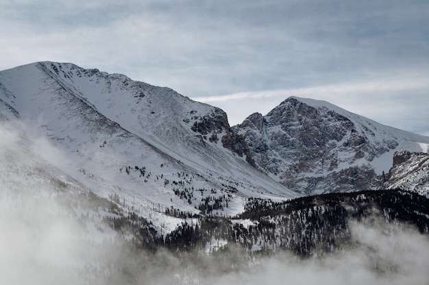 曇り空の下で雪に覆われた山々のハイアングルショット