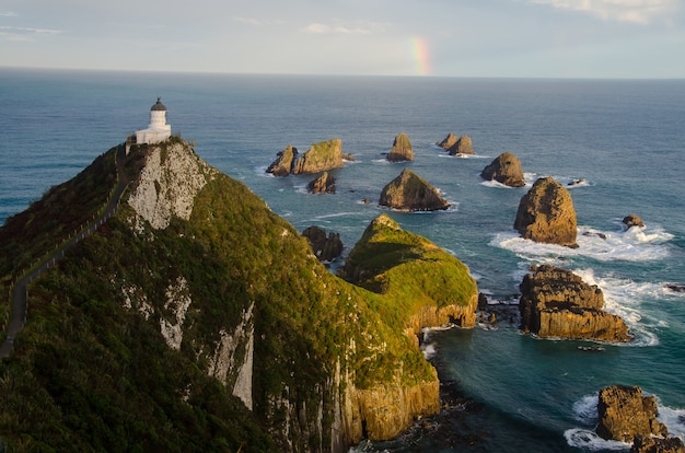 High angle shot of the Nugget Point Lighthouse, New Zealand