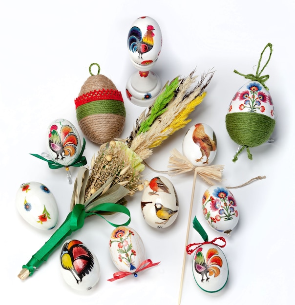 High angle shot of the painted eggs and decorated plants for Easter captured in Poland