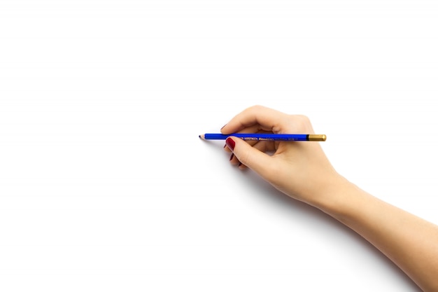 High angle shot of a person drawing on a white paper with a blue pencil