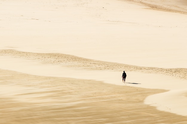High angle shot of a person walking barefoot on the warm sands of the desert