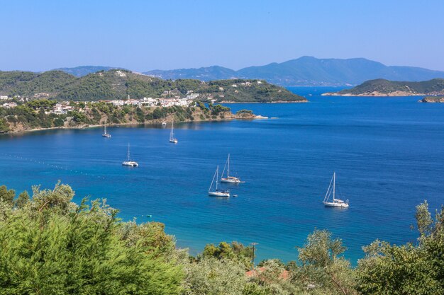 High angle shot of sailing ships on the ocean near grassy hills in Skiathos Greece on a sunny day