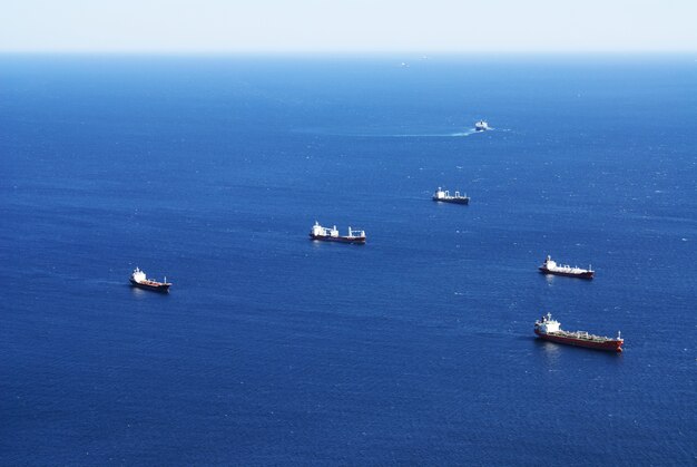 High angle shot of ships sailing in the sea in Gibraltar