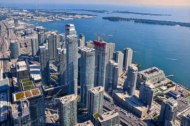 High angle shot of the skyscrapers and buildings captured in Toronto, Canada