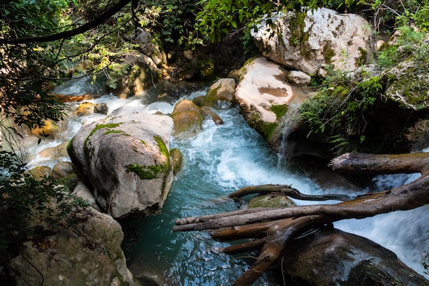 High angle shot of waterfalls in the forest