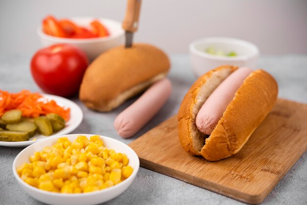 High angle of simple hot dog with corn and other filling
