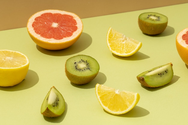 High angle of sliced fruits