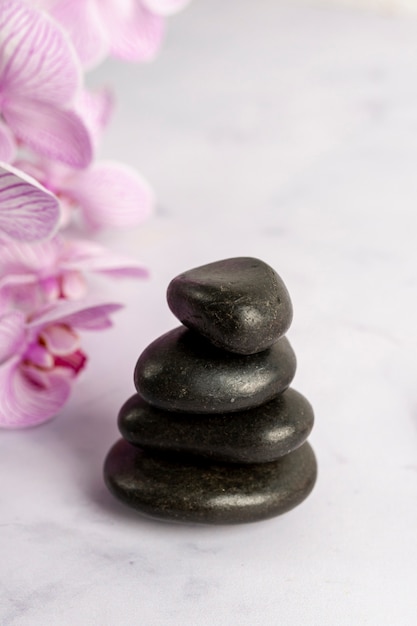 High angle small stones on marble table