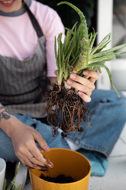 Free photo high angle smiley woman transplanting plant