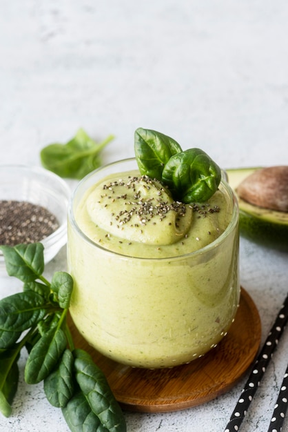 High angle smoothie with leaves