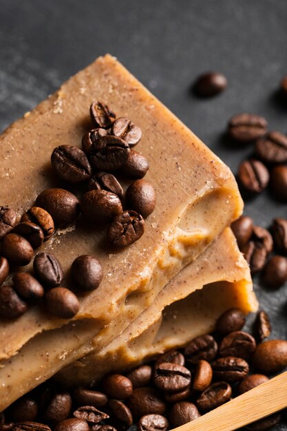 High angle soap made of coffee beans