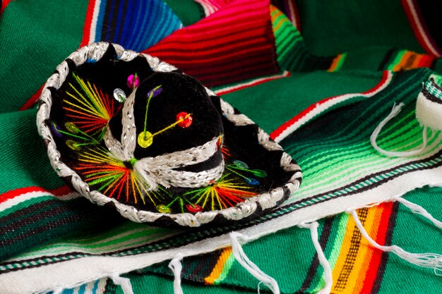 High angle sombrero on colorful cloth