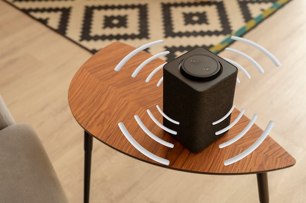 Free photo high angle speakers with high volume on table