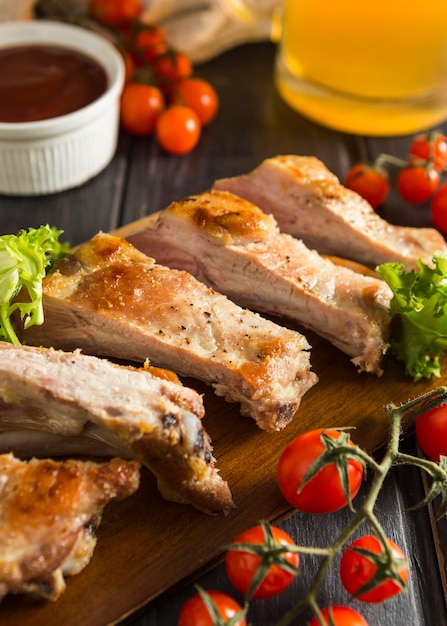 High angle of steak with beer and ketchup