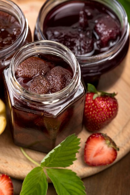 High angle strawberries in jars