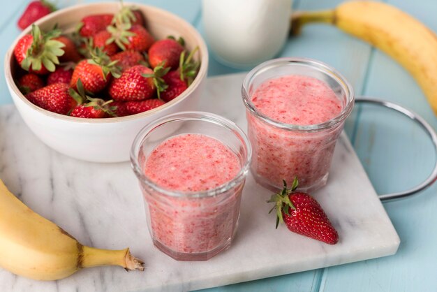 High angle strawberry smoothies